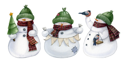 Watercolor hand-drawn three funny snowmen set. Winter Christmas holidays card. Cute snowman in a green hat and scarf with birds, flag garland and Christmas tree. Merry Christmas postcard
