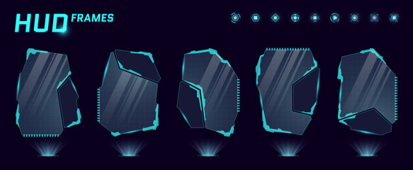 Fototapete - HUD digital futuristic user interface frames. Sci Fi high tech callout panel set. UX UI gaming menu touching dashboard control screens. Cyber space head-up display FUI or GUI information vector signs