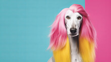 A Beautiful Afghan Hound With Long And Groomed Hair Poses In The Style Of An Eighties Rock Star Against Colorful Backdrop. Bright Colors And Decorative Clothing. Generative AI.
