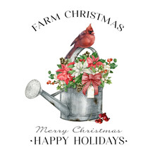 Watercolor Watering Can Illustration With Poinsettia Winter Bouquet And Red Cardinal Bird Isolated On White Background. Rustic Farmhouse Style Winter Holiday Postcard  In Vintage Traditional Style.