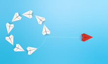Group Of White Paper Plane In One Direction And One Red Paper Plane Pointing In Different Way On Blue Background With Copy Space. Business For Innovative Solution Concept.
