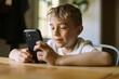 © Serena Burroughs/Stocksy - Little boy using mobile phone at kitchen table