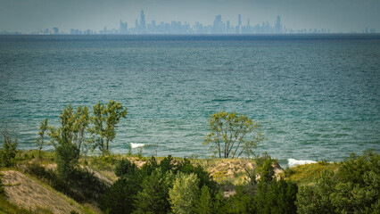 Chicago skyline viewed from over 30 miles (50 km) across Lake Michigan | Indiana Dunes National Park, Indiana, USA