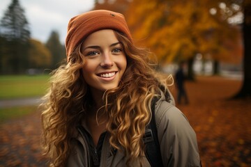 Wall Mural - Young woman at a park in the fall. Generative AI