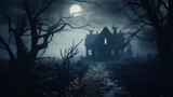 haunted house in the woods with moonlight 