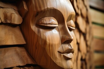 Wooden womans face sculpture created with generative AI technology.