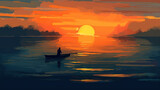 Fototapeta Zachód słońca -  Silhouette of a Canoe at Golden Hour, River Serenity: