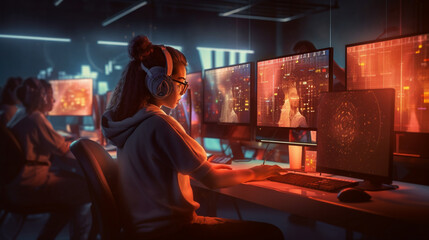 The process of creating a technological product of programmers, an office with computers and a team of developers.