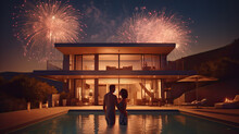 Party Fireworks Over Beautiful Home, Couple Enjoying A Romantic Evening In Front Of Their Beautifully Lit Home With Fireworks Celebration In The Background Created With Generative AI Technology