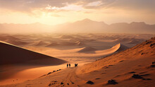 Illustration Of A Group Of People Walking Through A Vast Desert Landscape In Sunset, Sahara Desert, Orange Sand, Created With Generative AI Technology