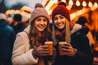 Mulled wine at christmas market with friends. Christmas market and shopping concept. Fairy lights and snow. Generative AI