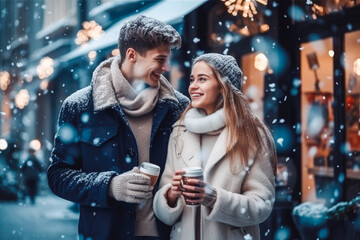 Having fun together at Christmas fair with snowfall. Couple enjoying the Christmas market together. Generative AI