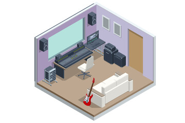 Isometric Music Recording Studio. Home music studio dj and producer equipment