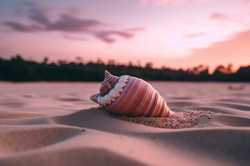Wall Mural - Shell on sandy beach near ocean with pink sky. Generative AI