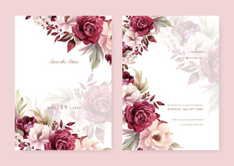 Fototapete - Elegant watercolor wedding invitation card with flower and leaves