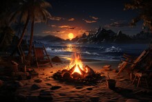 A Roaring Bonfire On A Beach At Night. Generative AI