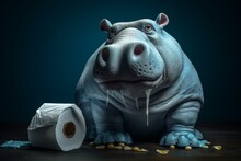 Humorous Hippo With Toilet Paper On Blue. Generative AI