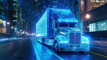 Tractor Truck. 3d Illustrator Rendering Lorry Van. Highway Road. Futuristic City Dark Blue Background. Transportation, Logistics Shipping Concept. Digital Polygonal Hologram.AI Generated