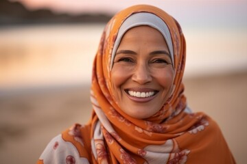 Wall Mural - Portrait of a happy muslim woman wearing headscarf on the beach