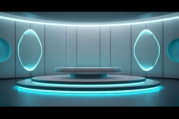 Wall Mural - Modern futuristic podium with neon lighting for product presentation. AI generated, human enhanced