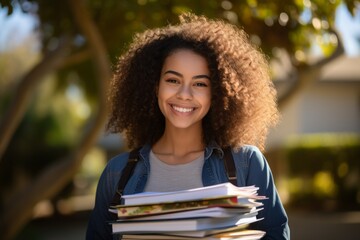 Canvas Print - Girl student in a good mood, portrait. Back To School concept. Background with selective focus