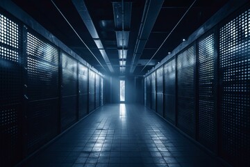 Wall Mural - Blue-lit metal hallway with grating in a dark industrial scene. 3D render. Generative AI
