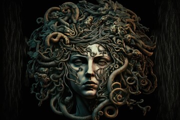  Depiction of Medusa with demons for hair. Head shot. Close up.