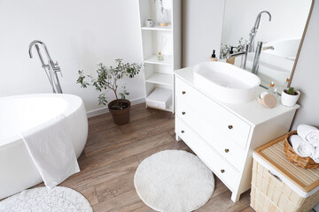 Interior of light bathroom with white sink, bathtub, shelving unit and houseplant