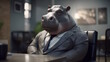 hippo wearing formal business suit like a boss in the office: corporate Excellence Personified! Business concept, CEO, accountant, lawyer, writer, teacher, guru, executive. generative ai