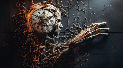 Wall Mural - The Chronological Enigma Unveiled: In the Grim Embrace of Haunted Clocks and Sinister Watches, Time Slips into Twilight, Unleashing the Sinister Secrets. Enhanced by Generative AI
