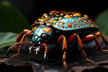 Macro shot of an exotic insect on a leaf, the intricate patterns on its body and the fine details. Generative AI