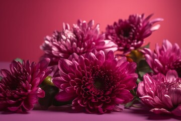 Wall Mural - Pink and magenta chrysanthemums on pink background with space for text. Generative AI