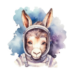 Cute astronaut donkey cartoon in watercolor painting style