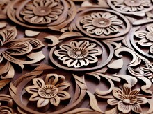 Beautiful Handmade Wooden Cut Flowers On Wooden Background.