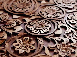 beautiful handmade wooden cut flowers on wooden background.