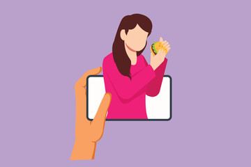 Wall Mural - Cartoon flat style drawing beautiful woman food blogger eating burger while creating new content video for her channel by using smartphone. Food review blogger logo. Graphic design vector illustration