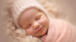 Sleeping newborn, smile baby, pastel violet background