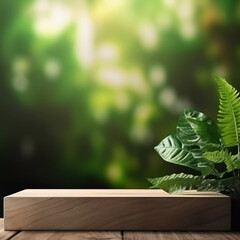 Wooden product display podium with green leave background, Minimalistic nature background, Template design for cosmetics, beauty nature product showcase, poster, banner, cover design, AI generated.