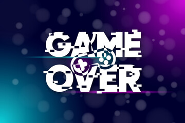 Poster - Game Over and Play Again. Cyber noise glitch design. For games, banners, web pages. Effect of three colored letters and switch. Gamer concept. Vector illustration.