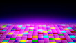 © StarGraphic - Dance floor amongst open space. Night disco party. Neon retro dance floor background. Vector illustration.
