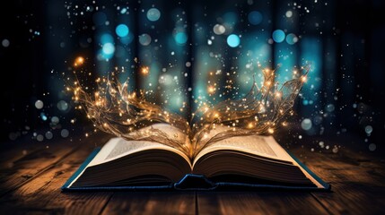 image of an open antique book on a wooden table with a glitter overlay