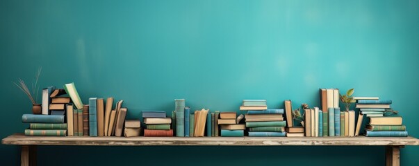 Wall Mural - a stack of books on a table next to a blue wall, in the style of retro vintage