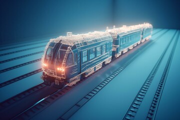 Wall Mural - A train on a two-way railway track. Low-poly lines and points. Blue background. Generative AI