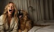 blonde woman and her dog, open yawning, both are yawning, sleepy, night, bedroom, generative AI