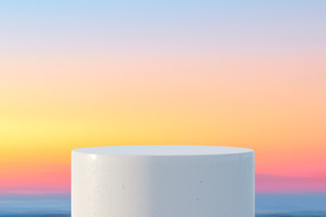 Wall Mural - 3d podium with copy space for product display presentation on beach and sunset sky background. tropi