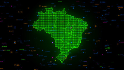 Wall Mural - futuristic green colorful shiny digital technology hud dots mosaic grid brazil map separate regions 