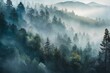 Watercolor misty forest hill in blue hues with evergreen trees. Generative AI