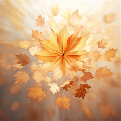 Wall Mural - autumn leaves on wooden background with dramatic dreamy light, created using generative AI tools