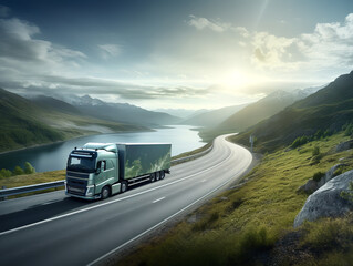 Green modern truck delivers to a mountainous area, with a mountain lake and mountains in the background. Generative AI.