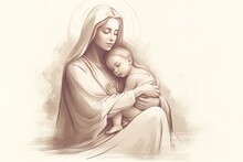 Graphic Drawing Of The Statue Of The Orthodox Virgin Mary With The Baby AI